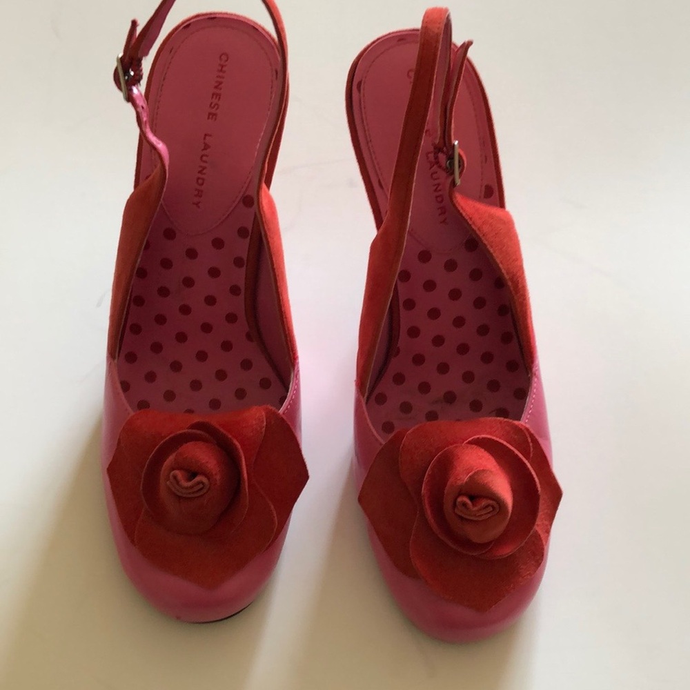 Chinese laundry - Pink Leather Slingbacks with Red Flower detail - 6.5